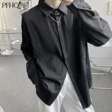 Pfhq 2021 nova moda masculina bonito retro textura casual coreano estilo japonês manga longa camisa primavera e outono
