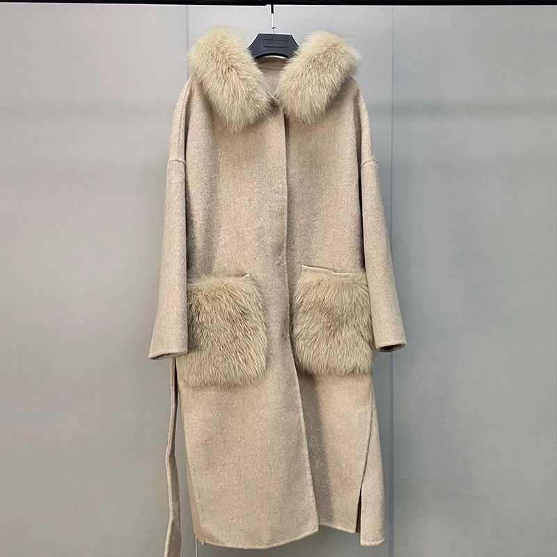 

Brand New Long Sleeve Belted Hood Natural Long Wool Coat Real Fox Fur Collar Luxury Women's Autumn Jacket With Pockets