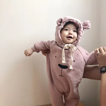 

ins Baby Toddler Cartoon Bear Ears Romper Hooded Cute Sweet Boy Girls Autumn Winter Thick Kids Romper Clothes
