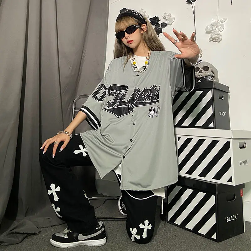 HOUZHOU Black Baseball Shirt Hip Hop Vintage Oversize Summer 2022