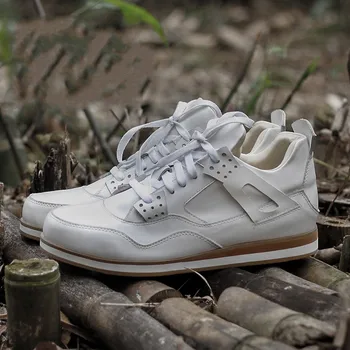 

Genuine Fashion Mens Handmade Leather Sneakers Casual Lace Up Trainers Skateboarding Tenis Masculino Joggers Shoes White