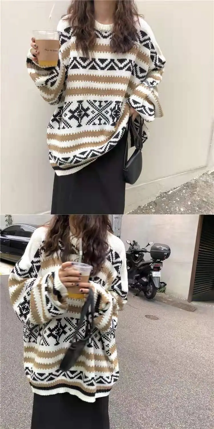 Женский винтажный свитер deeptown свободный белый с геометрическим