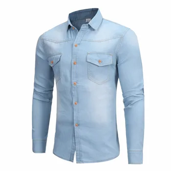 

New High Quality Simple Men's Long-sleeved Shirt British Style Washed Denim Shirts Mens Casual Turndown Collar Cowboy Shirt