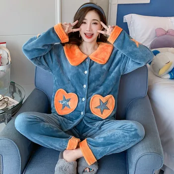 

Women Pajamas Suit Flannel Intimate Lingerie Sleepwear Autumn Winter New 2PCS Sleep Set Nightwear Casual Nightgown Shirt&Pants