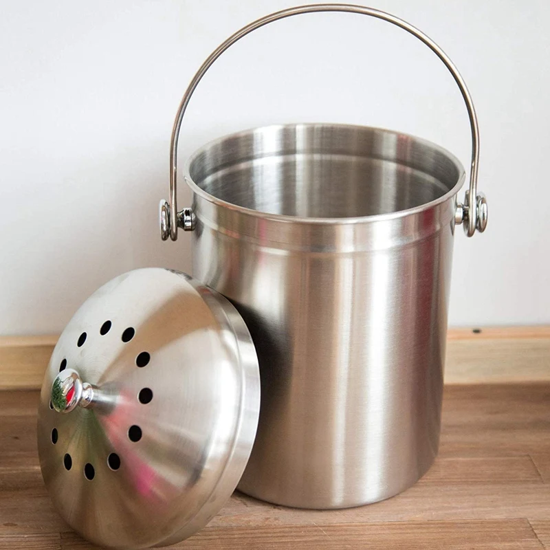 New-Compost Bin Kitchen Compost Pail Compost Caddy Stainless Steel Kitchen Composter Indoor Countertop Kitchen Recycling Bin Pai