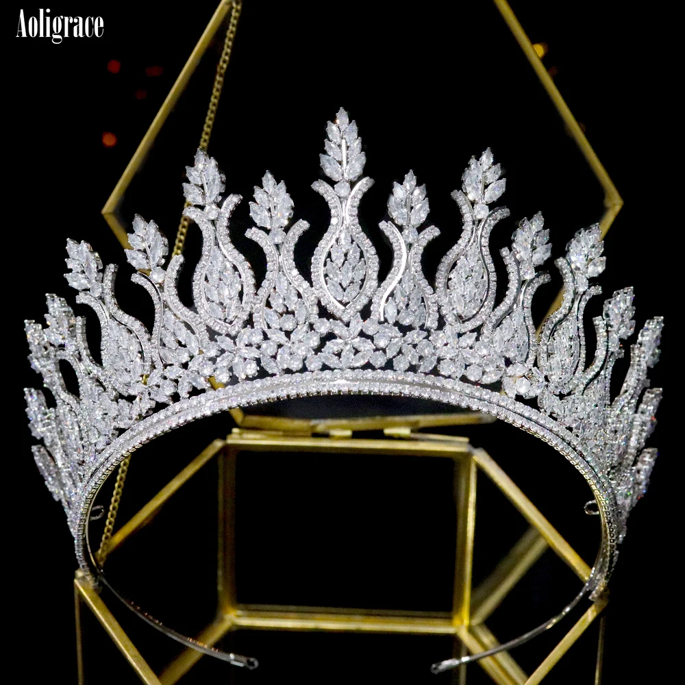 Luxury Big Cubic Zirconia Wedding Crowns Platinum Plated CZ Tall Tairas Unique Design Zircon Birthday Party Sweet 16 Headpieces 
