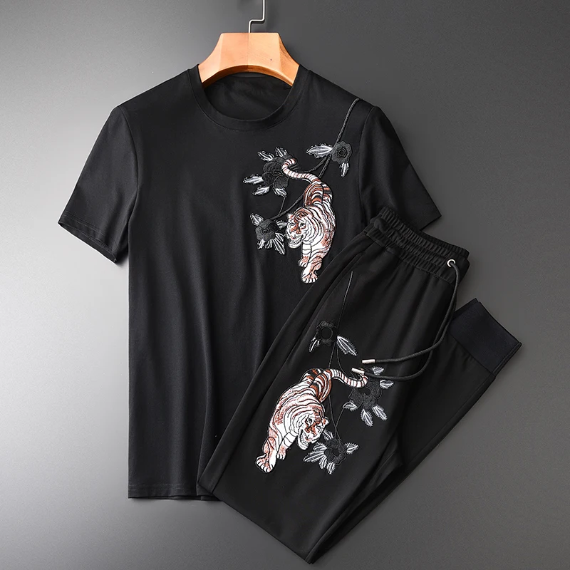 Летние мужские комплекты(T-SHIRTS+ брюки), роскошные мужские комплекты ручной работы с вышитым бисером тигром размера плюс 4xl, мужские комплекты с коротким рукавом