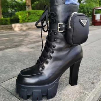 

2020 Newest Sexy Runway Boots for Women Pocket Bag Decor Buckle Ankle Bootie 10cm High Heel Platform Lace Up Bota Femmes Bottes