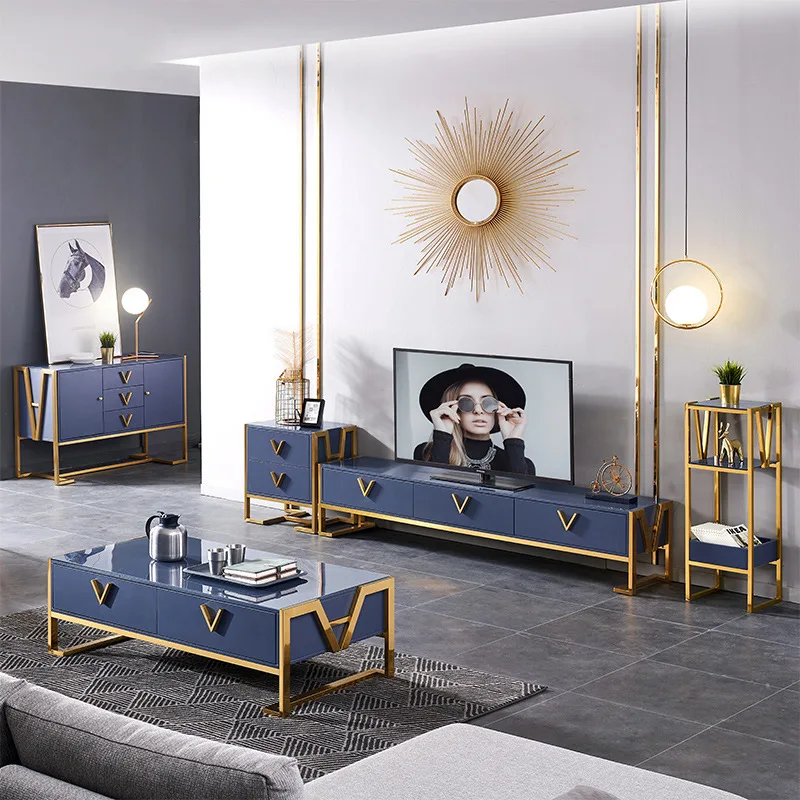 

European-Style Light Luxury Coffee Table TV Cabinet Unit Stainless Steel Living Room Simple Tempered Glass Coffee Table