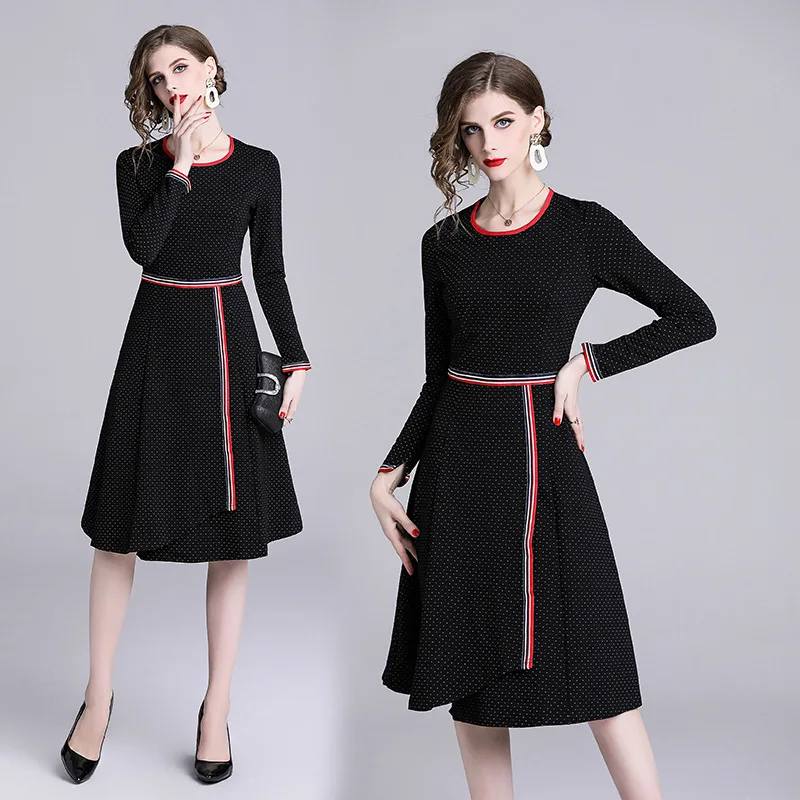

Ozhouzhan 2019 Spring New Style Medium Waist Dotted New Style Black And White with Pattern Big Skirt Ninth Sleeve a-Dress Explos