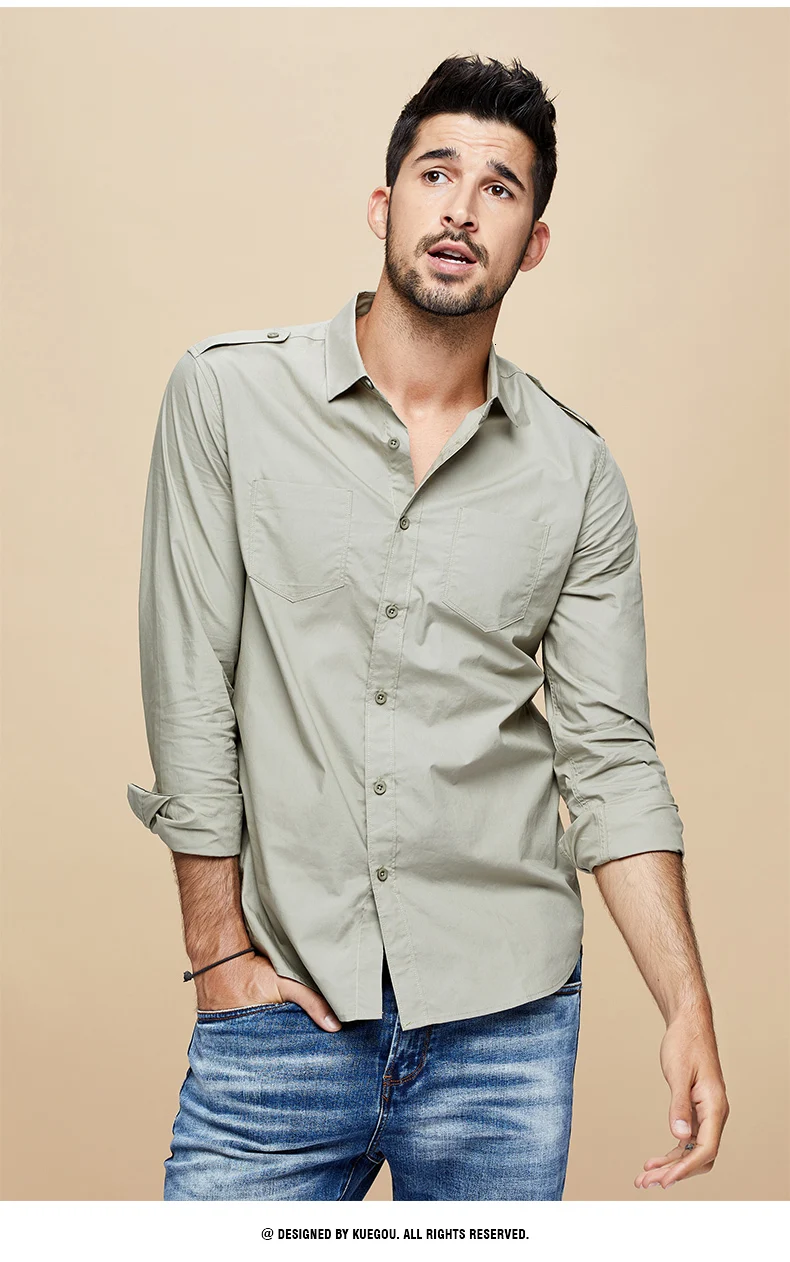 KUEGOU осень хлопок черная белая рубашка мужская одежда на пуговицах Повседневная приталенная с длинным рукавом для мужчин Модная брендовая блузка 6178