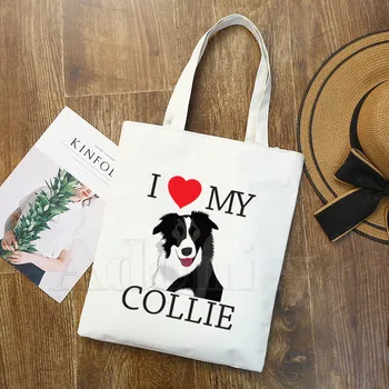 

Border Collie Dog Ladies Handbags Cloth Canvas Tote Bag Shopping Travel Women Eco Reusable Shoulder Shopper Bags bolsas de tela