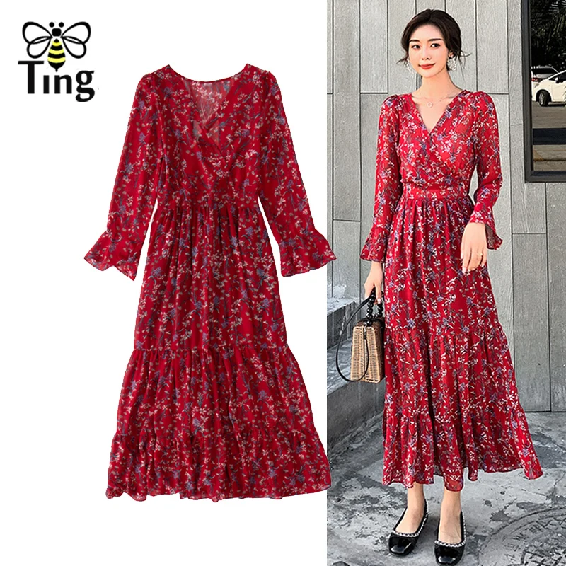 

Tingfly Spring Autumn Floral Boho Midi Dress Sweatheart Neckline Flare Full Sleeve Bohemian Long Dress Casual Vestidos Women