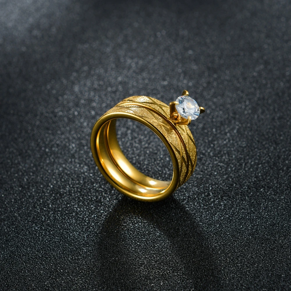 Couple Rings 6mm Stainless Steel Couple Rings Gold Color Crystal Wedding Ring for Women Men Lover Gift Femme Jewelry