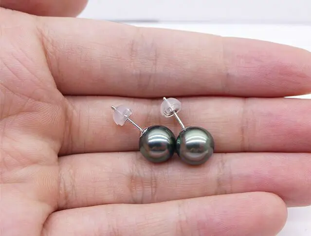 

pair round 10-11mm tahitian round black green pearl earring 18k