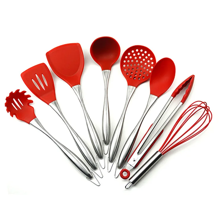 Премиум кухонная утварь 9 шт набор для приготовления пищи из нержавеющей стали и силикона ковш лопатки tongsантипригарная кухонная посуда кухонные инструменты - Цвет: Красный