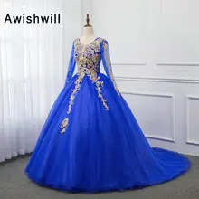 Бальное платье Королевского синего цвета, платье для выпускного вечера, длинные рукава, Золотое кружево, тюль, шнуровка сзади, женские вечерние платья, вечерние платья, Pagenat