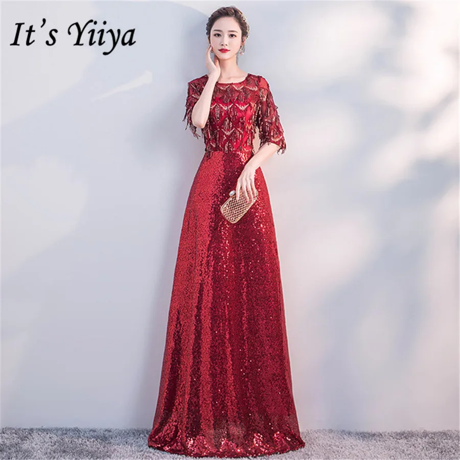 

It's Yiiya Evening Dresses Long O-neck Half Sleeve Formal Dress For Women 2020 Plus Size Sequins Tassel robe de soiree E1304