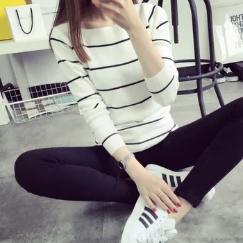 

Women Autumn New Long Sleeve Striped Pullovers Sweaters Casual Thin Knitting Sweater