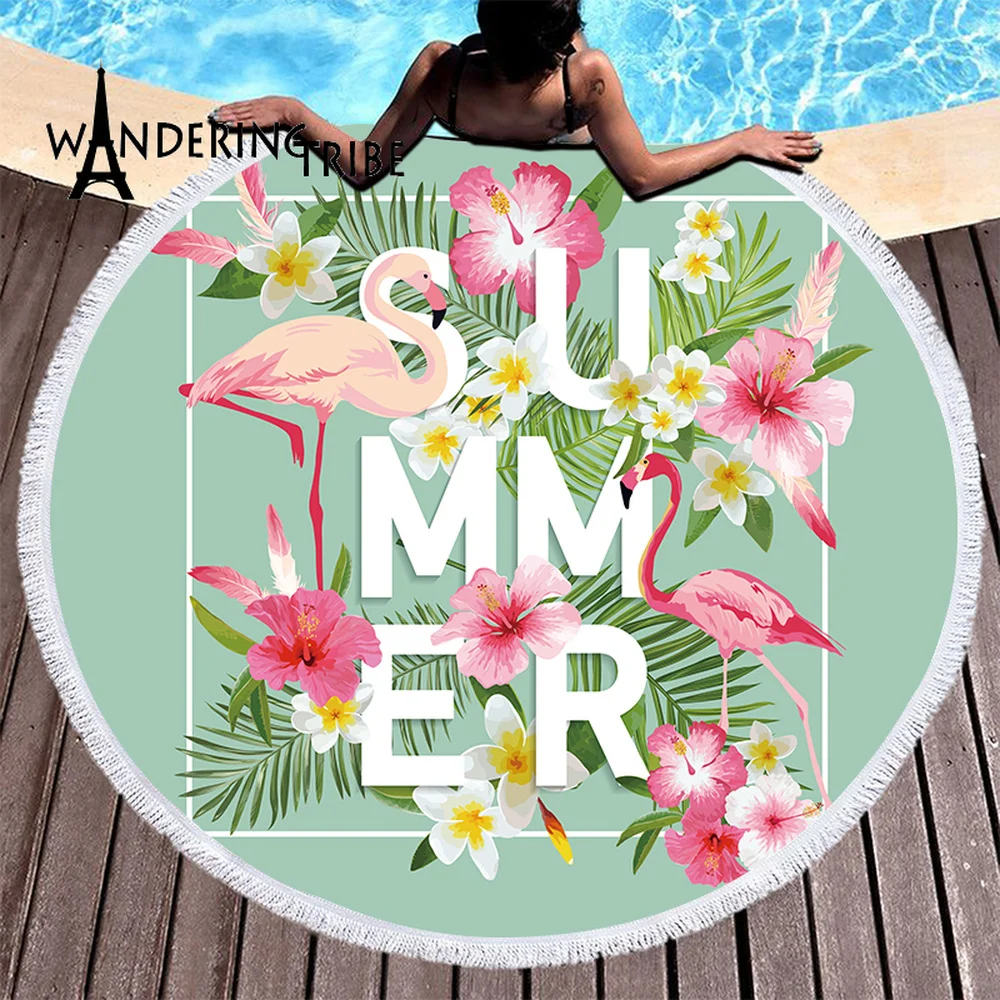 

2019 Newest Fashion Flamingo Round Beach Towel with Tassel Microfiber Floral 150Cm 420G Picnic Yoga Blanket Mat Big Towel Carpet