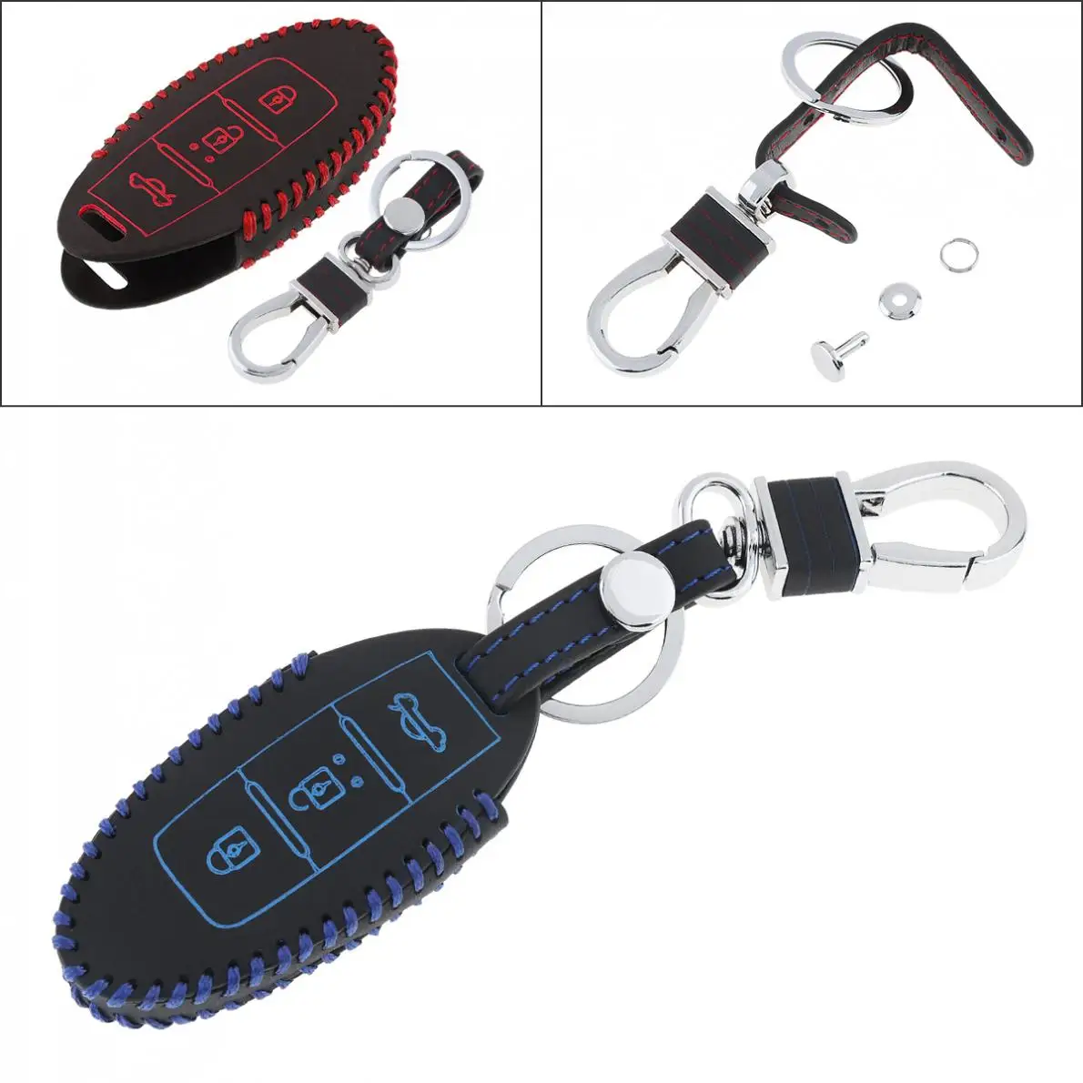 

2 Colors 3 Buttons Hand Sewed Leather Car Key Cover Protector Holder with Hang Buckle for Nissan Qashqai Pathfinder Versa