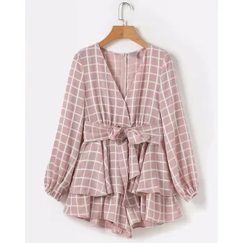 

Summer 2019 Stylish Women's Long Lantern Sleeves V Collar Plaid Jumpsuit Women's Casual Pants Sexy Bodysuit