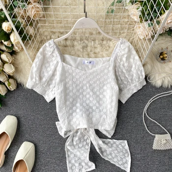 

Sweet Tied Back Bowknot Embroidery Flowers Short Blouse Top Classic Puffy Sleeve Elastic High Waist Fresh Top