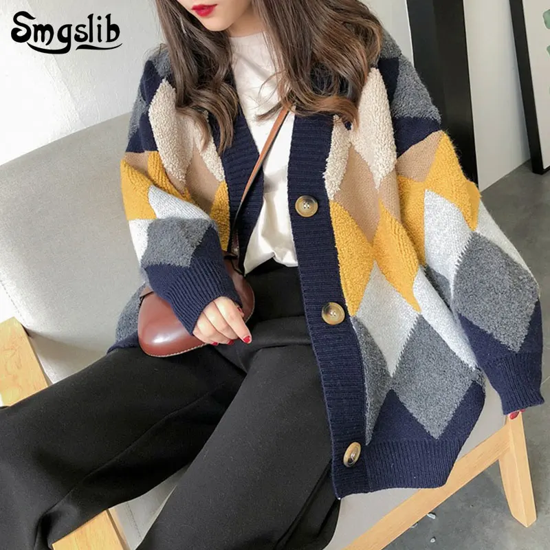 

2019 Winter Women sweaters puff sleeve v-neck plaid button Knitting Cardigans Casual office lady single breasted long loose Tops