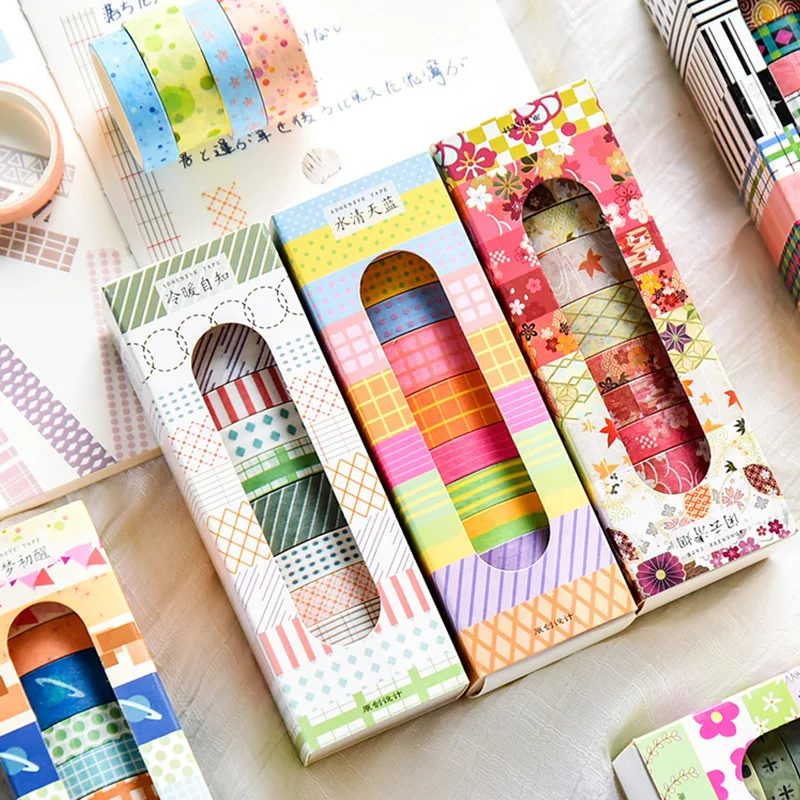 10pcs Multi Pattern Washi Tape Set Morandi Color Flower Grid Adhesive Masking Tapes Album Diary
