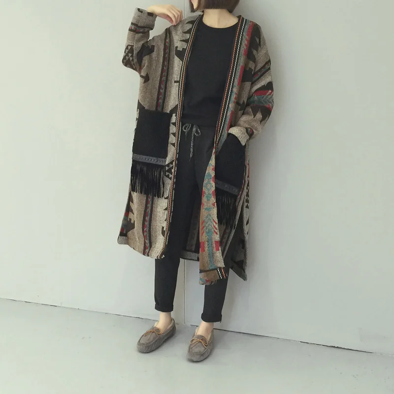 Gaganight винтажное Инди народное осенне-зимнее пальто Женская мода открытая стежка свободного размера плюс с кисточками длинное пальто женская верхняя одежда теплая