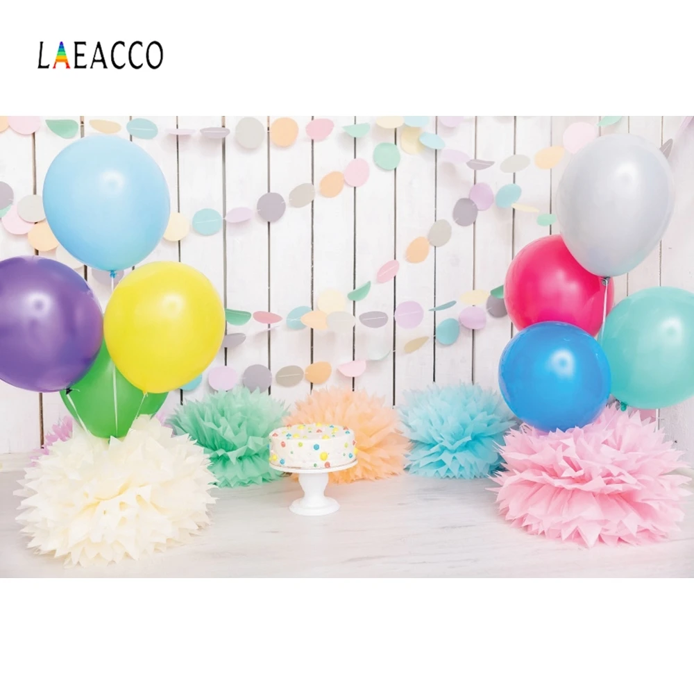 Laeacco White Wooden Wall Colorful Balloons Paper Flowers Photo Backdrops Baby Birthday Photography For Studio | Электроника