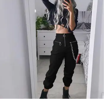 

Gothic Harajuku Zipper Streetwear Women Casual Harem Pants With Chain Solid Black Pant Cool Fashion Hip Hop Long Trousers Capris