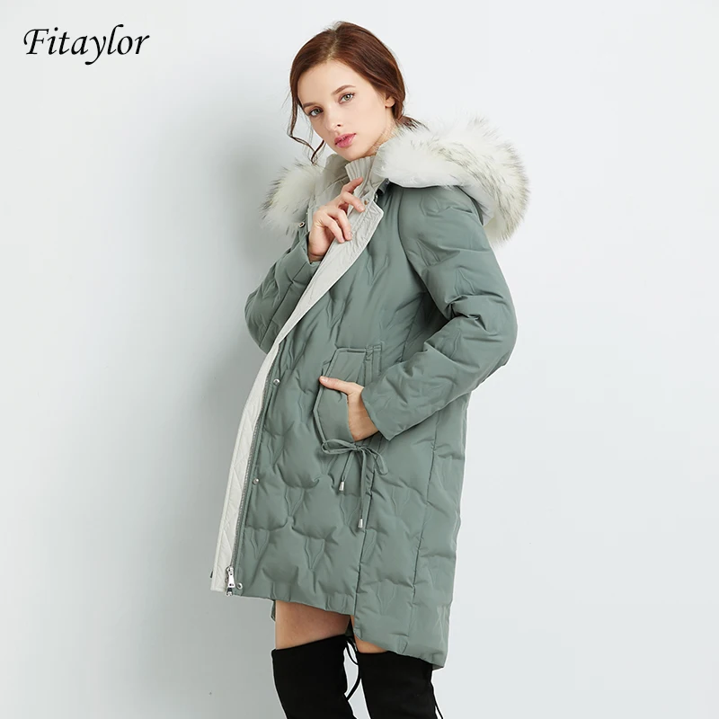 Fitaylor большой натуральный мех норки для женщин белый утиный пух Длинные парки зимние свободные женские зимние теплые пальто куртка с капюшоном верхняя одежда - Цвет: Green Real Fur