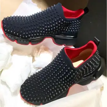 

Fashion Red Pink Suede Women Boots Sneakers Spikes Rivets Studs Thick Bottom Flats Shoes Woman Slip On Zapatallias Mujer