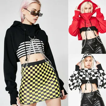

Women Fashion Fall Gothic Punk Hoodie Sweatshirt Jumper Sweater Crop Tops Loose Chain Patchwork Clubwear Sweatshirt Pullover Top