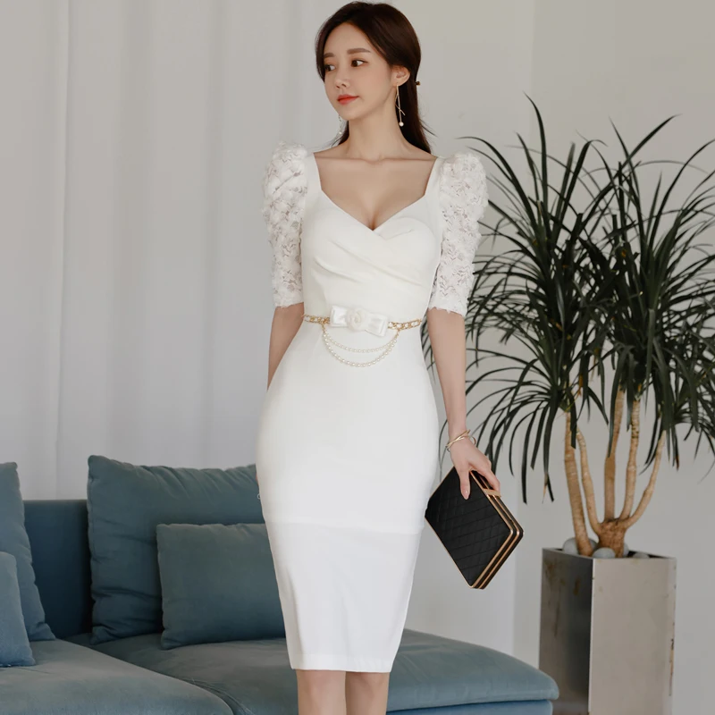 Formal-Dress-Elegant-White-Lace-beads-Chain-Puff-Sleeve-V-neck-Slim ...