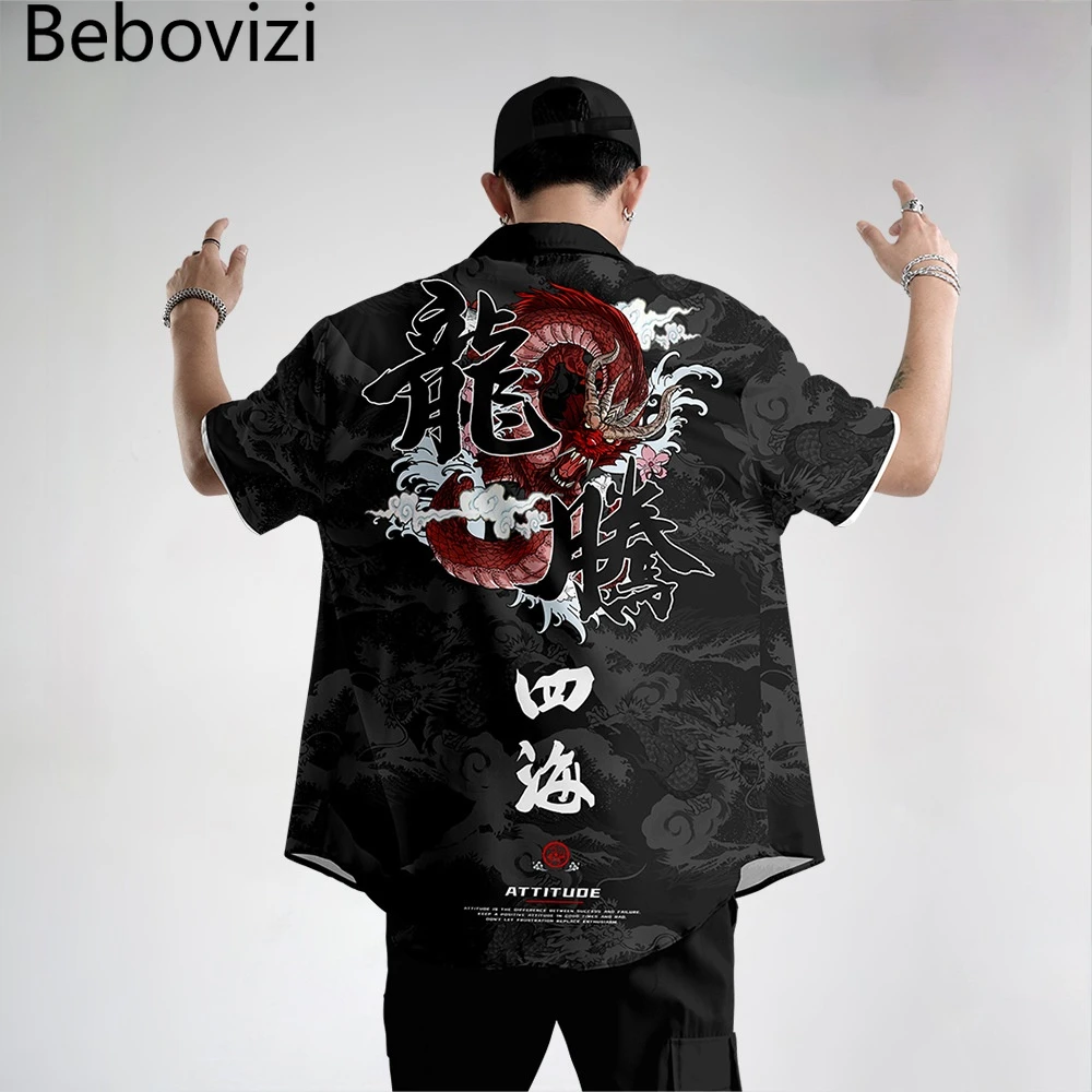 Chinese Style Dragon Shirt 2021 Japanese Men Hawaiian Shirt Fashion Summer Short Sleeve Harajuku Black Aloha Shirt Mens Clothing