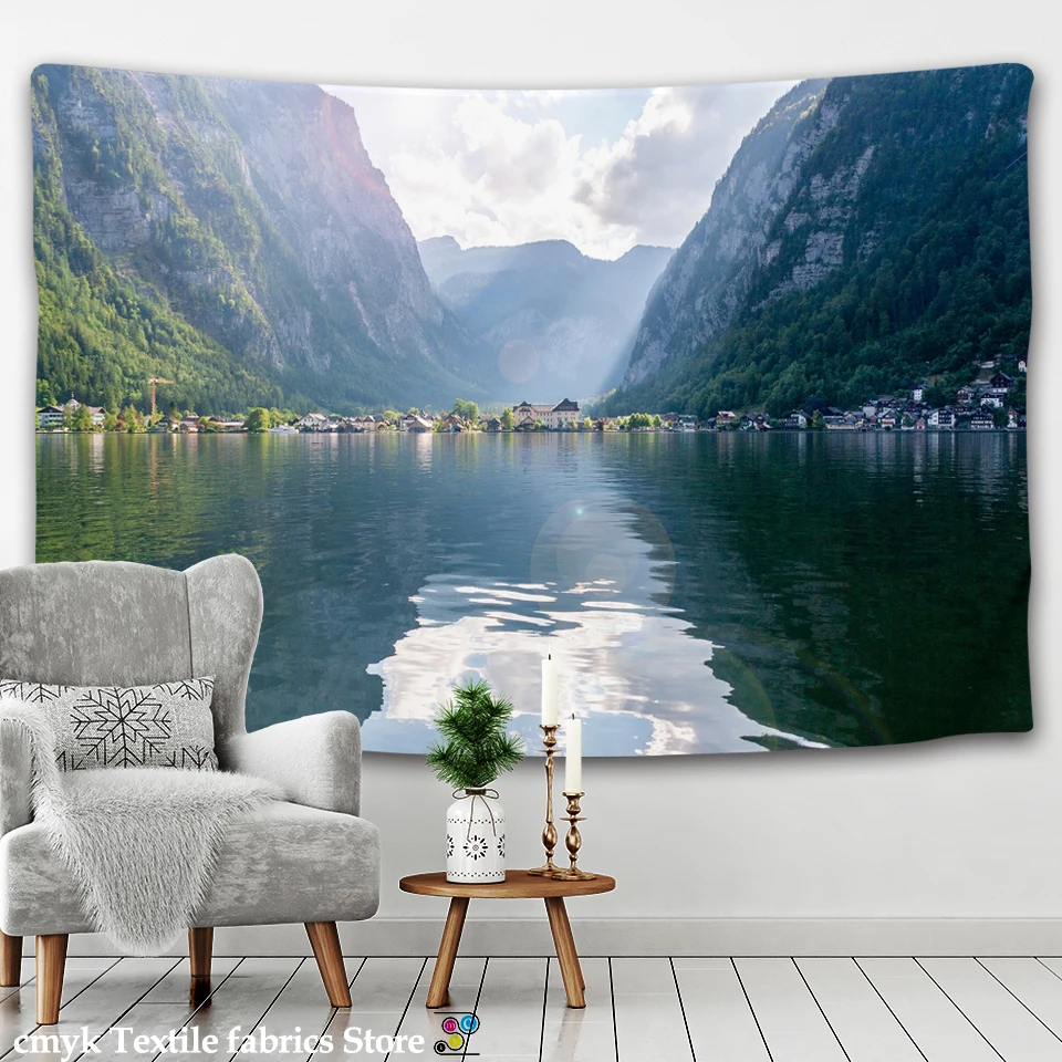 Live Photo Clear Mountain and Green Water Large Landscape Printed Tapestry Psychedelic Wall Hanging Bohemian Art Home Decor | Дом и сад