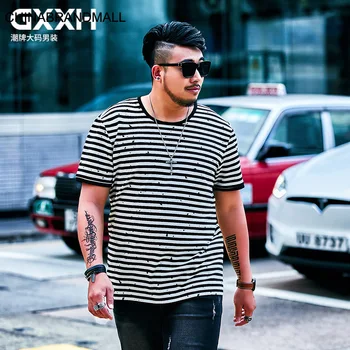 

super Brand Big size Men's Wear T Shirt Male Short Sleeve Loose Leisure Stripes Printing super Fat Man Plus Fat Plus