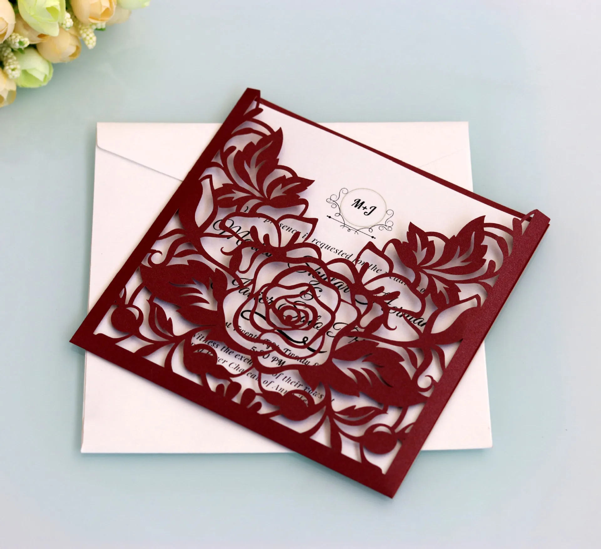  Customize 10pcs Elegant Lace Pocket Wedding Invitations Card Square Laser Cut Rose Flower Greeting  - 4.00025E+12