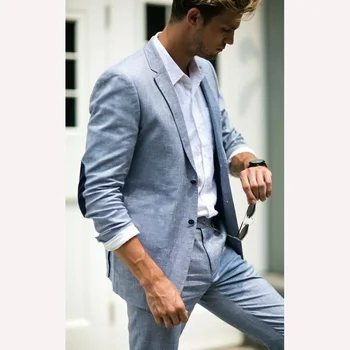 

2020 Smoking Blue Linen Men Suit Classic Summer Jacket Men Suits For Wedding Smart Casual Beach Prom Blazer Slim Jacket+Pants