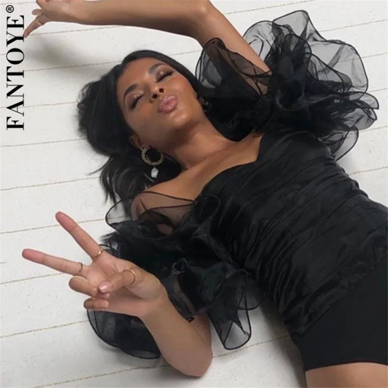FANTOYE Sexy Off-Shoulder Puff Sleeve Bodysuit Romper For Women Black Strapless Bodycon Jumpsuit 2019 New Femme Skinny Overalls FANTOYE Sexy Off-Shoulder Puff Sleeve Bodysuit Romper For Women Black Strapless Bodycon Jumpsuit 2019 New Femme Skinny Overalls