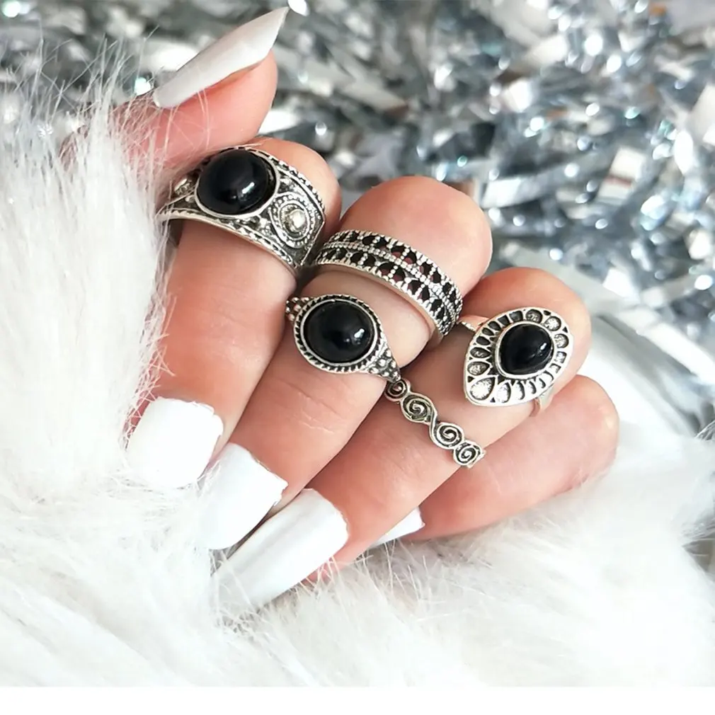 

New 5 Pcs/set Unisex Punk Style Retro Rhinestone Ring Fashion Finger Rings Jewelry Wedding Accessories