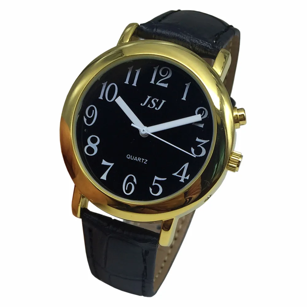 Relógio com Função de Alarme Data e Hora Faixa de Couro Francês Falando Mostrador Preto Case Dourado Taf-607