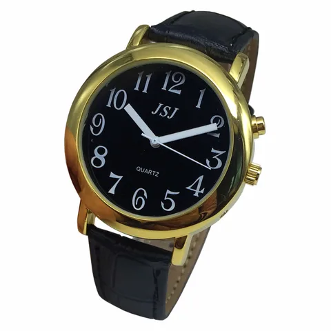 Relógio com Função de Alarme Data e Hora Faixa de Couro Francês Falando Mostrador Preto Case Dourado Taf-607