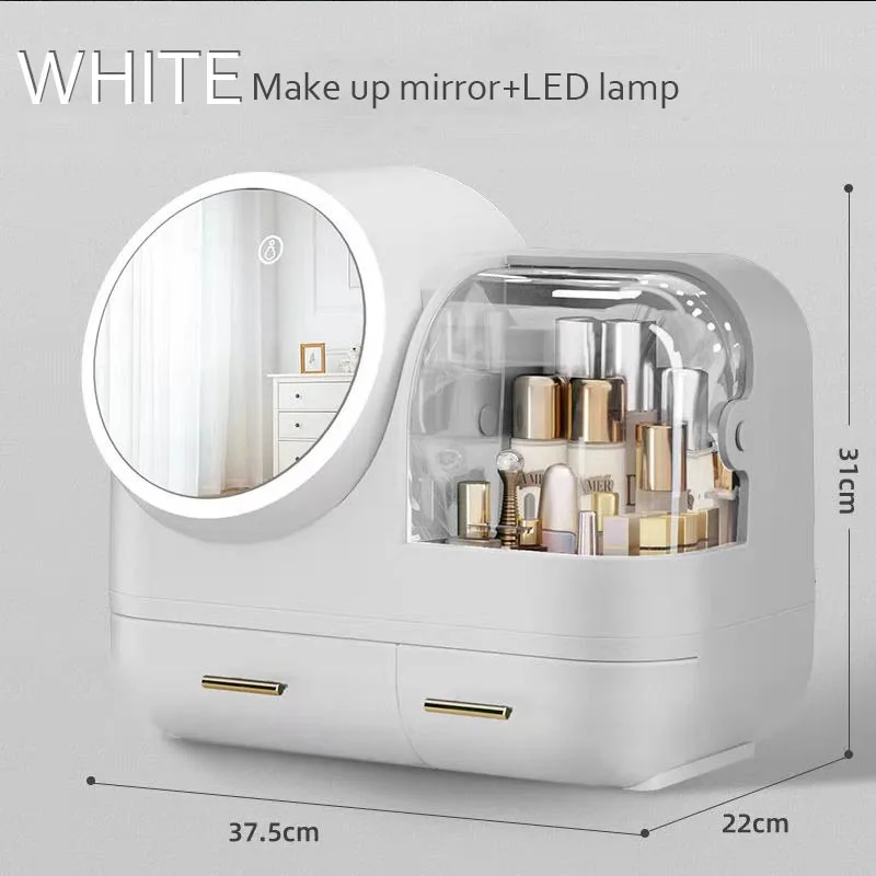 Fashion Makeup Organizer BOX USB Rechargeable Cosmetic Storage Box Jewelry Container Dustproof Drawer Waterproof Mirror LED Lamp 