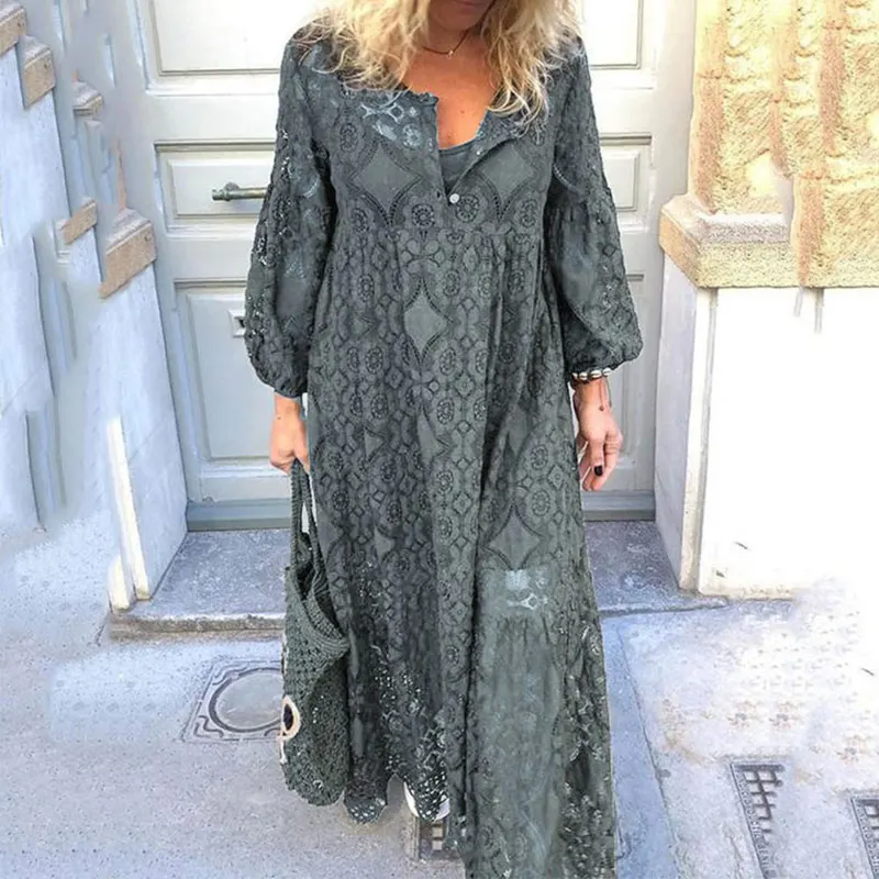 

Bonemian Plus Size 5XL Spring Women Dress 2020 Hollow Out Lantern Sleeve Dresses Female Loose Elegant Vestidos Two Pieces Set