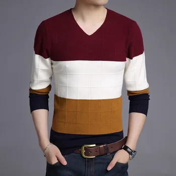 

BO new 2019 autumn sets young men long sleeve knit color matching stripes render sweater