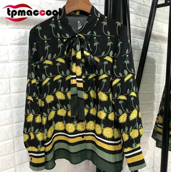 

Tpmaccool 2020 luxury designer women Bowknot Pure Silk Printed Shirt Womens high end Long Sleeve womens tops and blouses S-XL