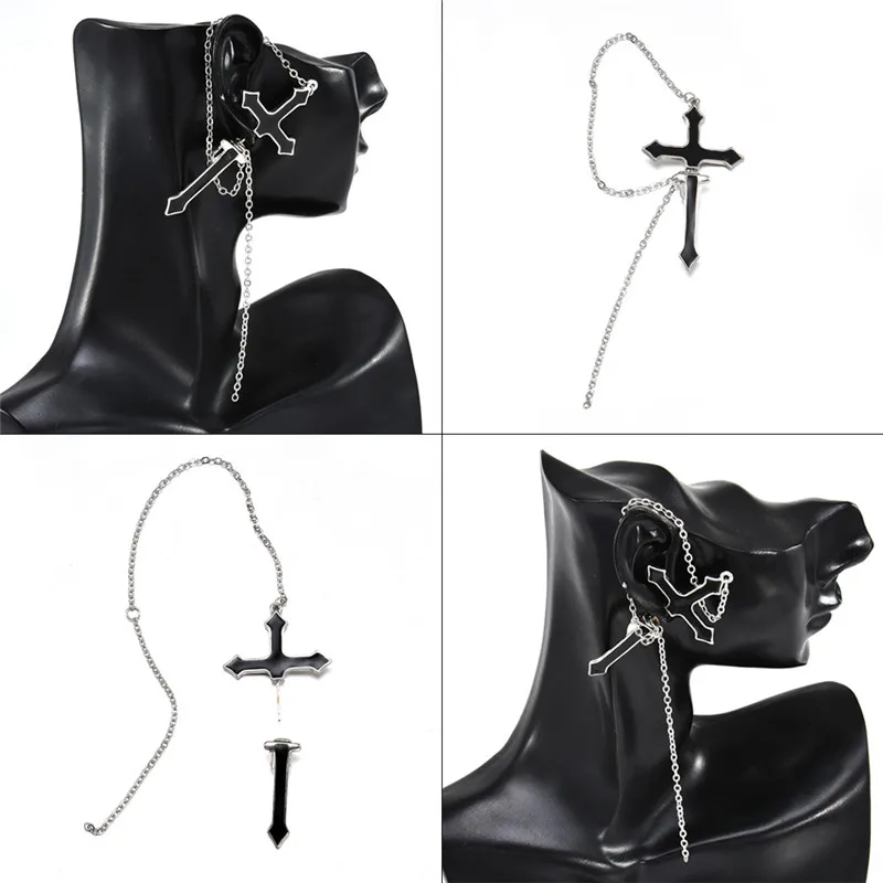 Fashion Punk Black Cross Drop Earrings For Teens Vintage Rock Pride Long Chain Butterfly Ear Cuffs Women Earrings Girls Jewelry